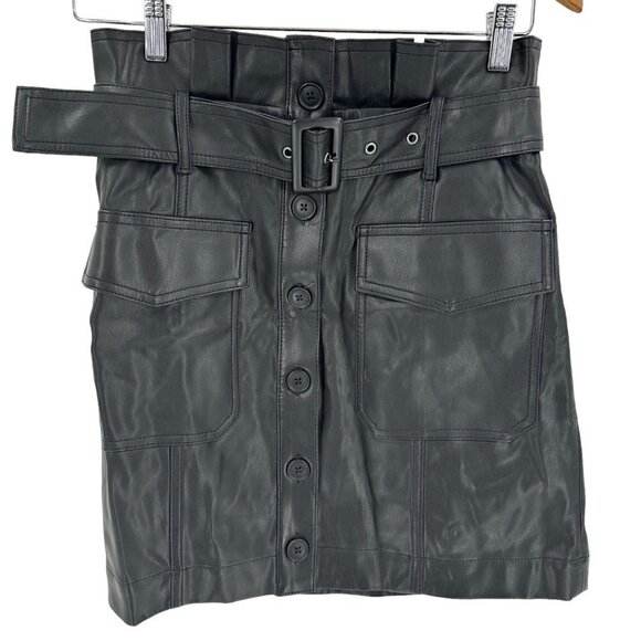 NWT Banana Republic Vegan Leather Button Down Belted‎ Mini Skirt Black Sz 6 - Picture 1 of 6